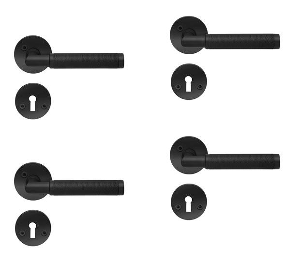 Beslagsboden Design indendørs dørhåndtag m/crystal cut - Mat sort - Sæt á 4 stk