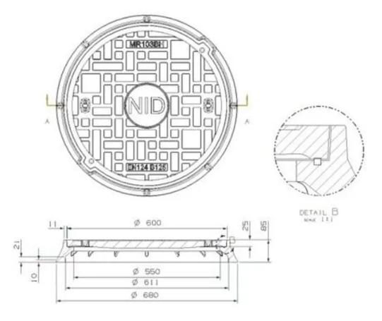 NID 600 mm karm/dæksel med lås, rund, fast, 12,5 t, komposit