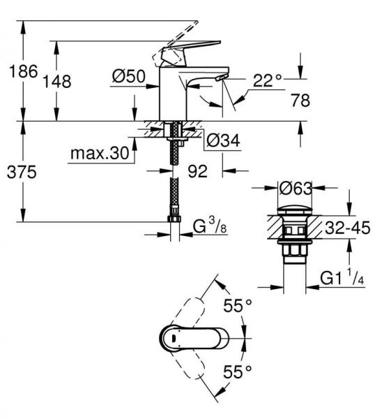 Grohe Get S håndvaskarmatur m/push-open bundventil  Mat sort