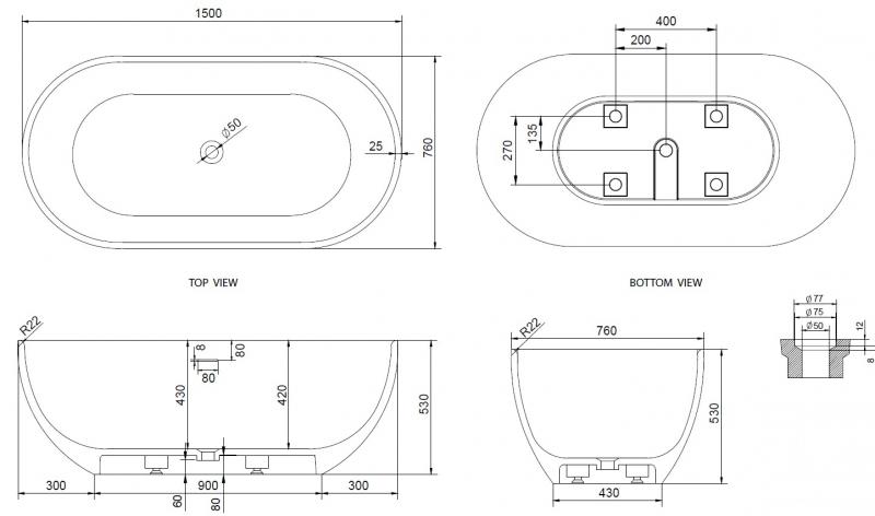 Ideavit Solidera fritstående badekar 1500 x 530 mm - Mat hvid