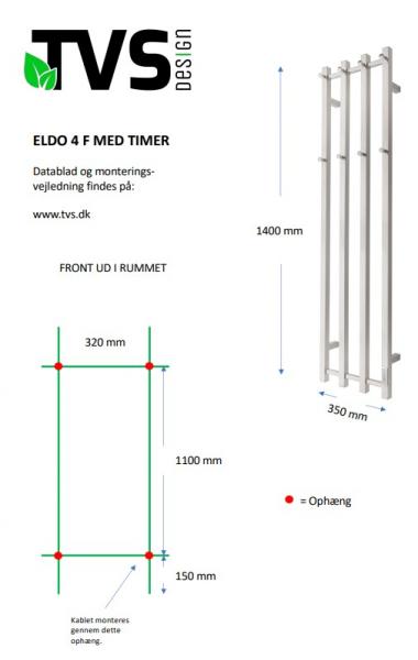 TVS Eldo 4 Square håndklædetørrer m/timer - 35x140 cm - Poleret rustfri stål
