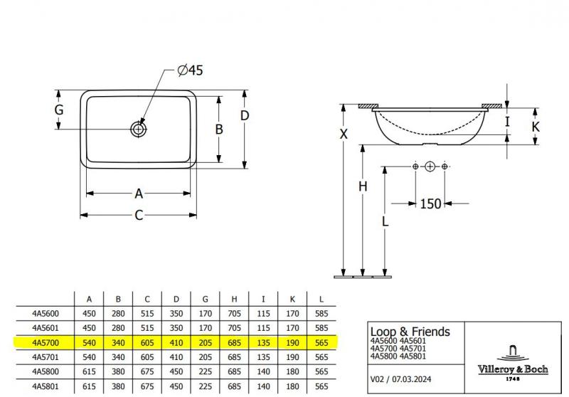 Villeroy & Boch Loop/Friends 54 håndvask t/underlimning - Med overløb - C+