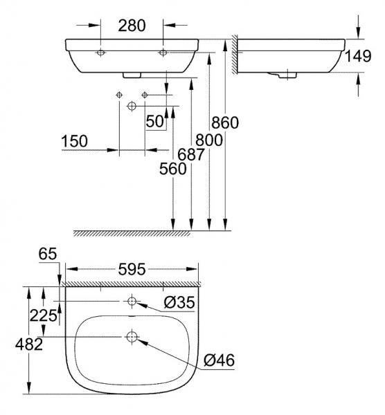 Grohe Euro 60 håndvask t/væg - 1 hanehul