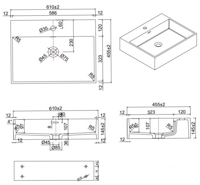 Lavabo Solid Surface 60 håndvask t/væg eller bord - 1 hanehul - Mat hvid