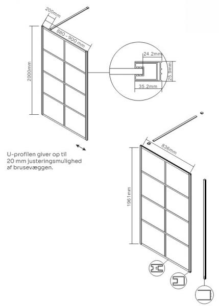 Lavabo Walk In fast brusevæg - Klar glas/Mat sort - 90 cm