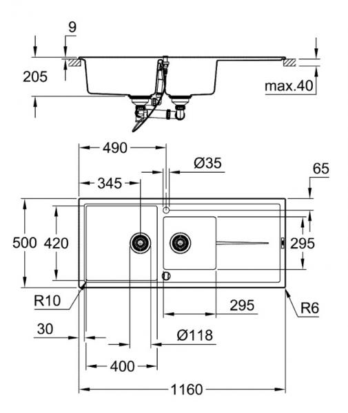 Grohe K400 80-C dobbelt køkkenvask m/afløbsbakke - Sort granit