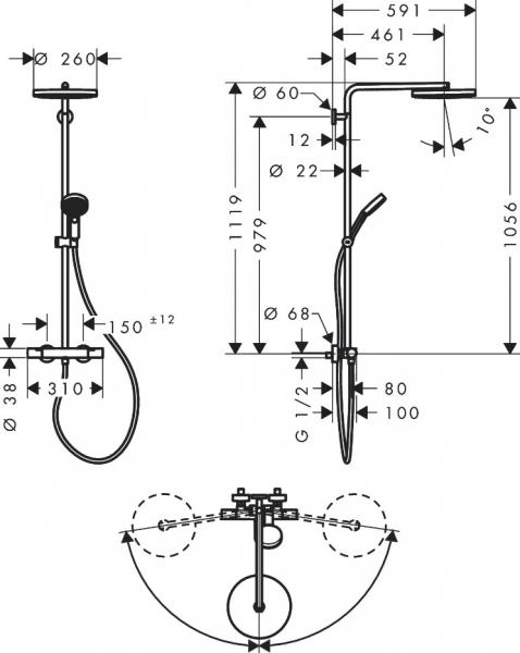 hansgrohe Pulsify S Puro 260 Showerpipe 1jet m/EcoSmart, EcoStat Fine og 3jet håndbruser - Mat hvid