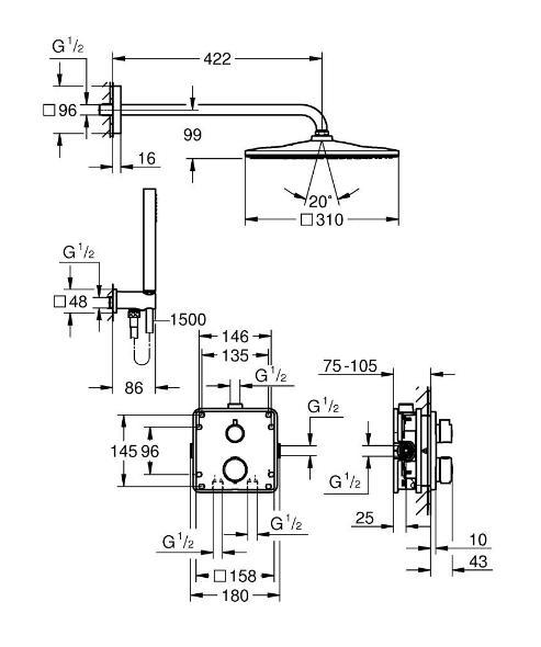 Grohe Quickfix Precision Cube 310 komplet brusesystem til indbygning - Krom