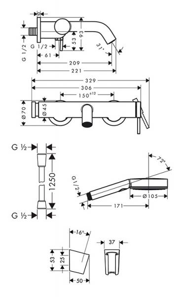 hansgrohe Tecturis komplet badekararmatur 3jet - Mat sort