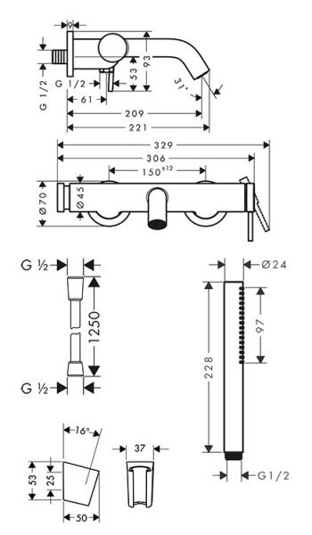 hansgrohe Tecturis komplet badekararmatur m/Eco slim håndbruser - Børstet bronze