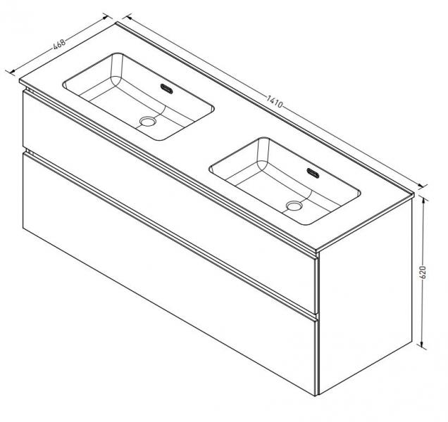 Sanibell Proline 140 møbelsæt m/2 asymmetriske skuffer og dobbeltvask - Uden hanehul - Mat sort