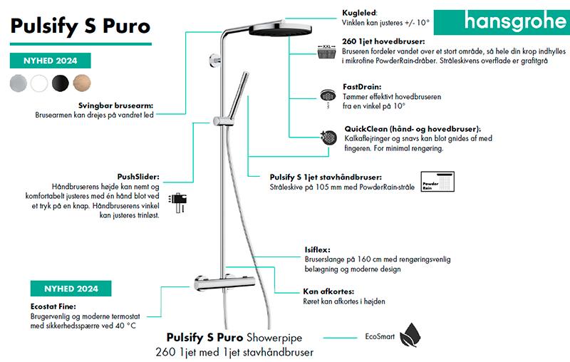 hansgrohe Pulsify S Puro 260 Showerpipe 1jet m/EcoSmart og Ecostat Fine - Mat hvid