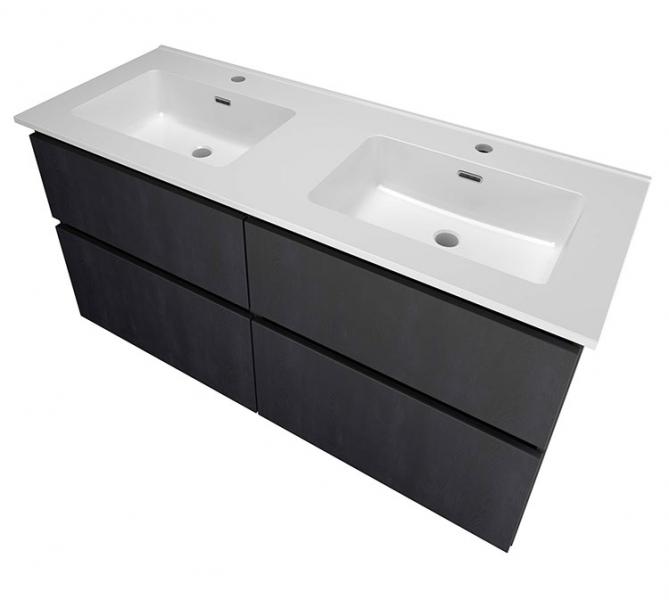 Sanibell Proline 120 møbelsæt m/4 asymmetriske skuffer og dobbeltvask - Sort eg